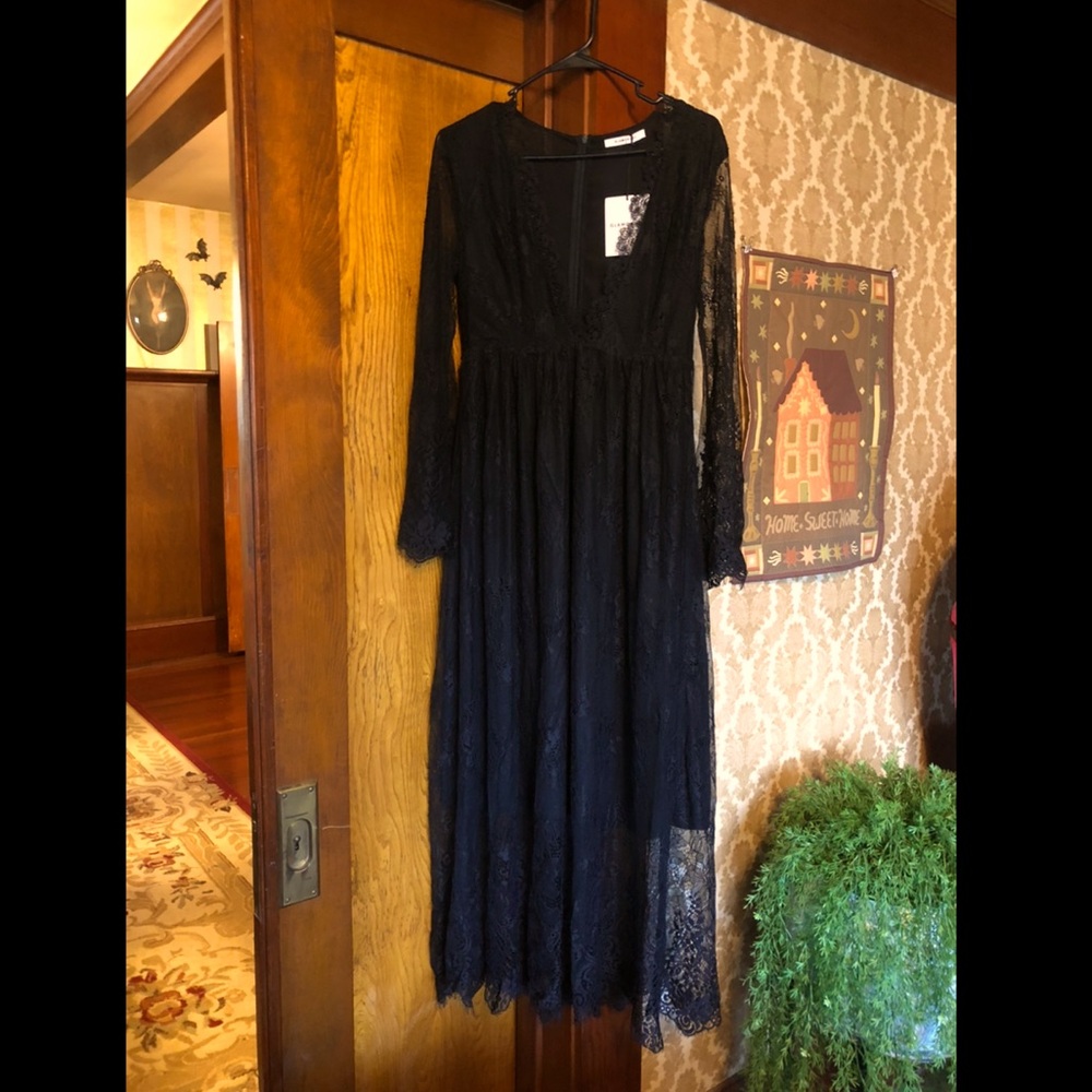 Goth alt fashion black lace evening gown. V neck